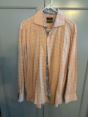 Steven Land orange plaid striped dress shirt